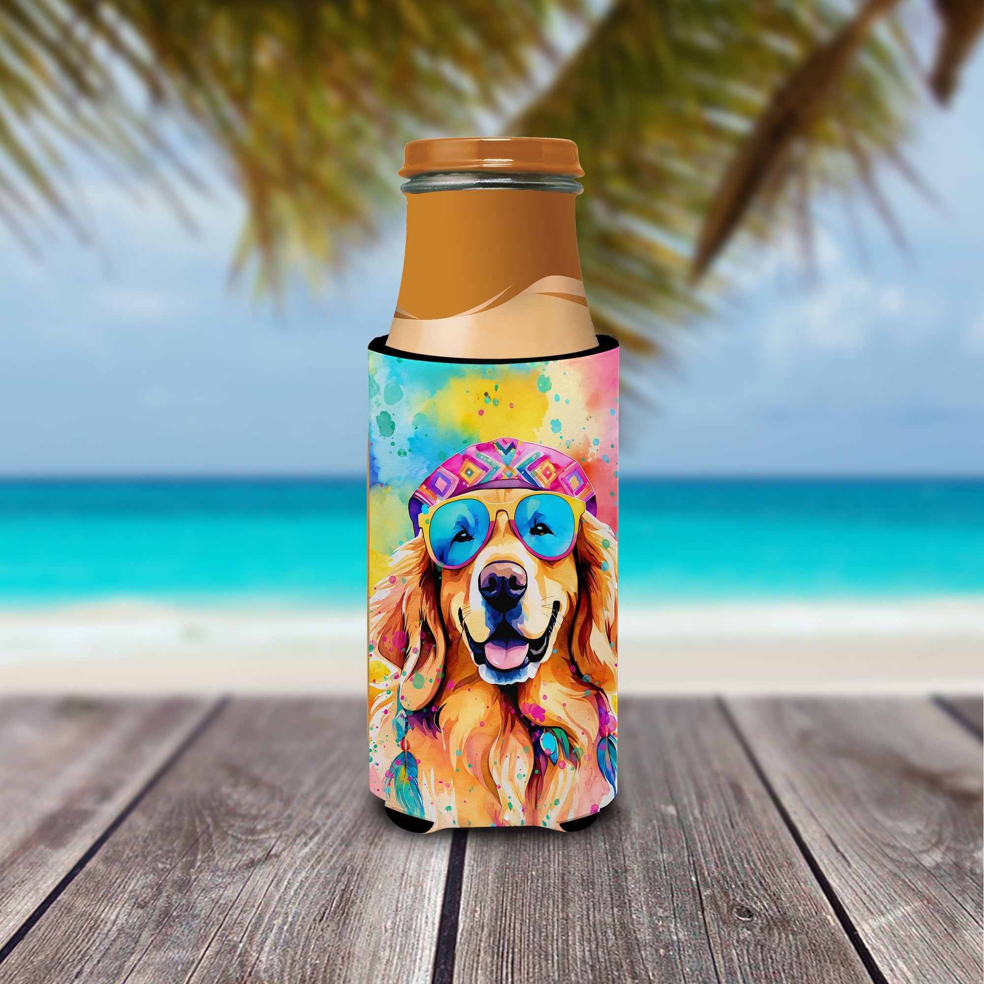 Golden Retriever Hippie Dawg Slim Can Hugger , Insulated Foam Hugger for 12 oz Slim Cans, Beer Bottles & Water Bottles, Printed in USA