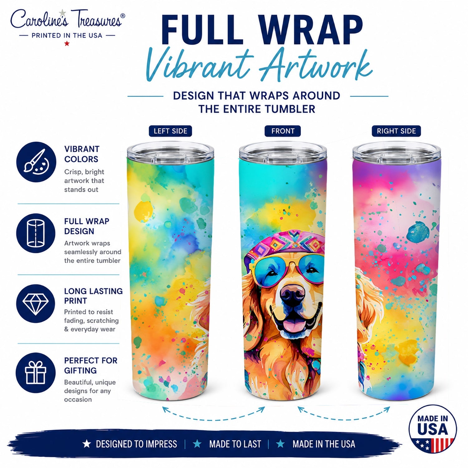Golden Retriever Hippie Dawg Stainless Steel Skinny Tumbler 20 oz Vacuum Double Walled Reusable Insulated Travel Cup