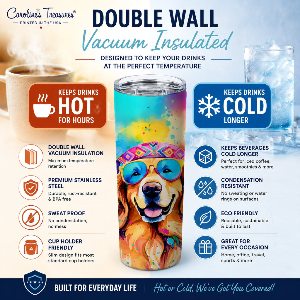 Golden Retriever Hippie Dawg Stainless Steel Skinny Tumbler 20 oz Vacuum Double Walled Reusable Insulated Travel Cup