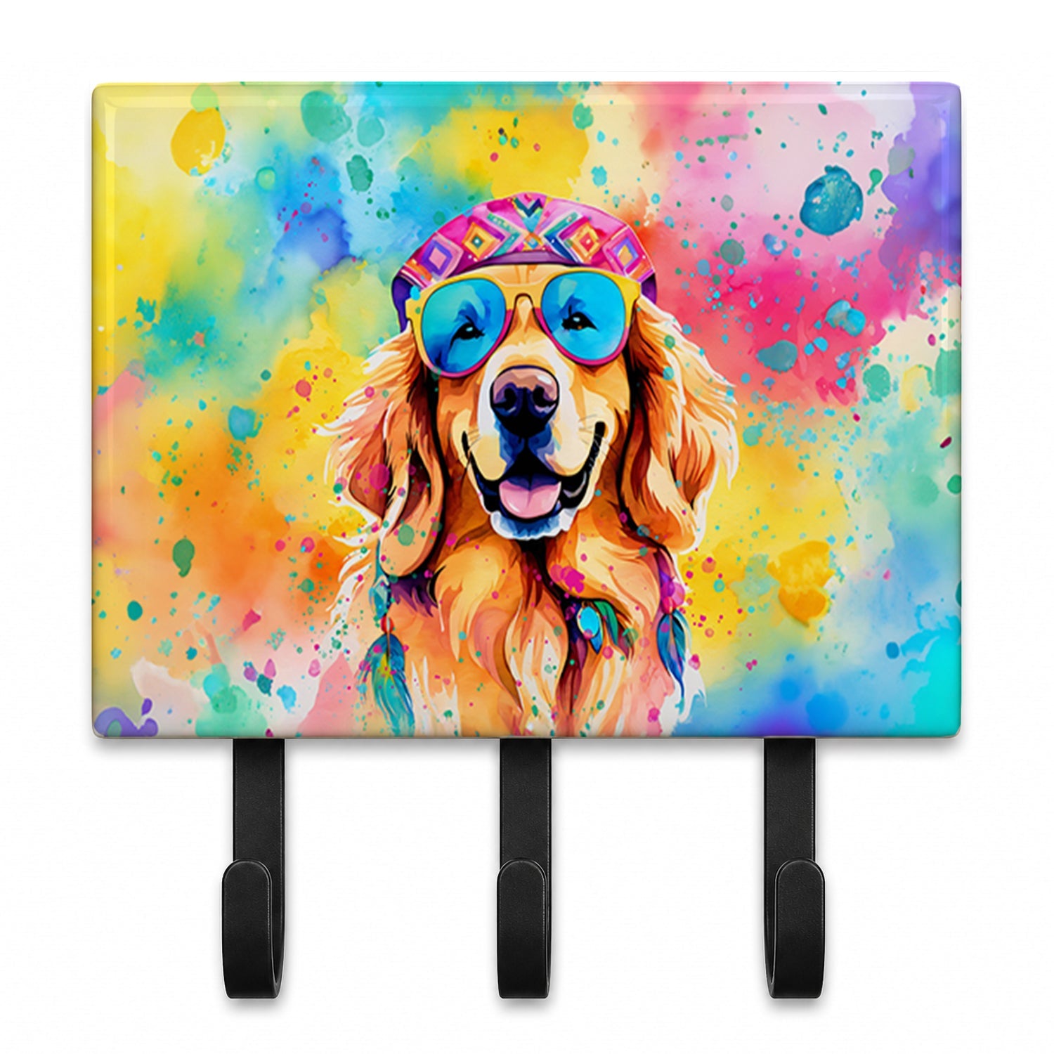Golden Retriever Hippie Dawg Leash or Key Holder Wall Hooks, Coat Rack Wall Mount, for Hanging Keys, Towels, Aprons, Leashes