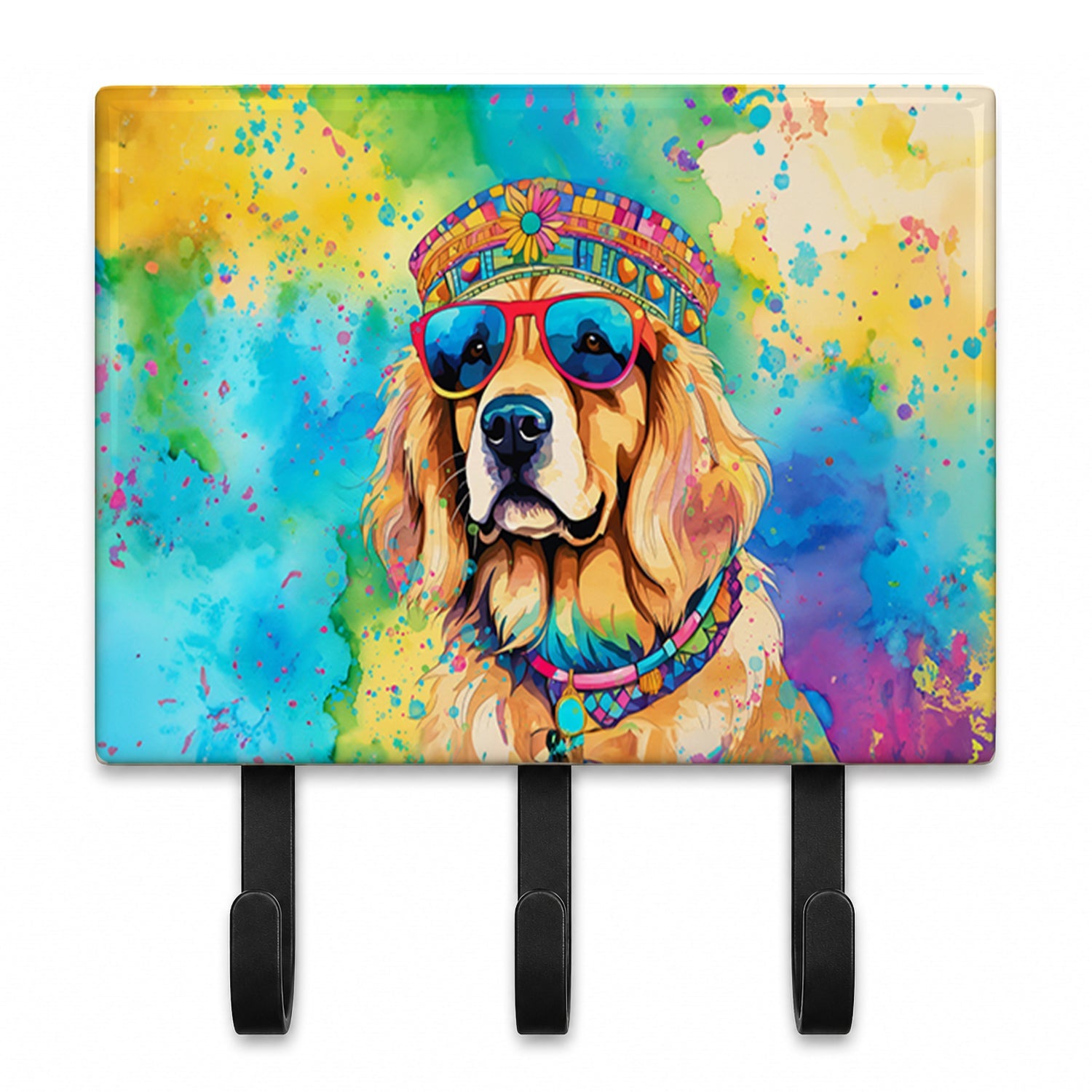 Golden Retriever Hippie Dawg Leash or Key Holder Wall Hooks, Coat Rack Wall Mount, for Hanging Keys, Towels, Aprons, Leashes