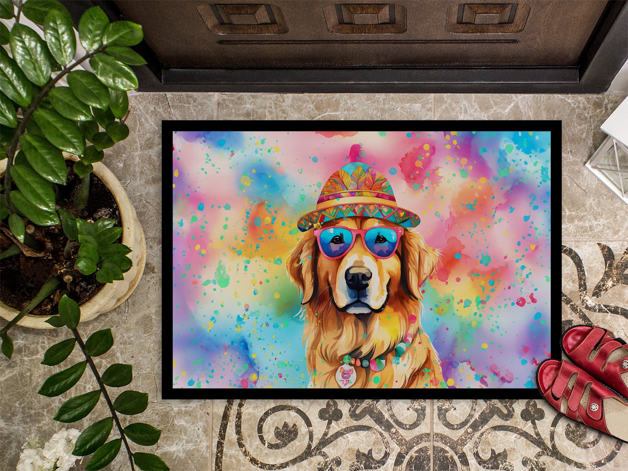 Golden Retriever Hippie Dawg Doormat Indoor Outdoor 24H X 36W Front Door Mat Rugs for Entryway, Non Slip Washable Low Pile,