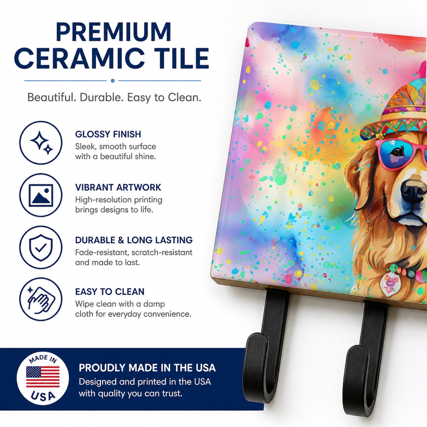 Golden Retriever Hippie Dawg Leash or Key Holder Wall Hooks, Coat Rack Wall Mount, for Hanging Keys, Towels, Aprons, Leashes