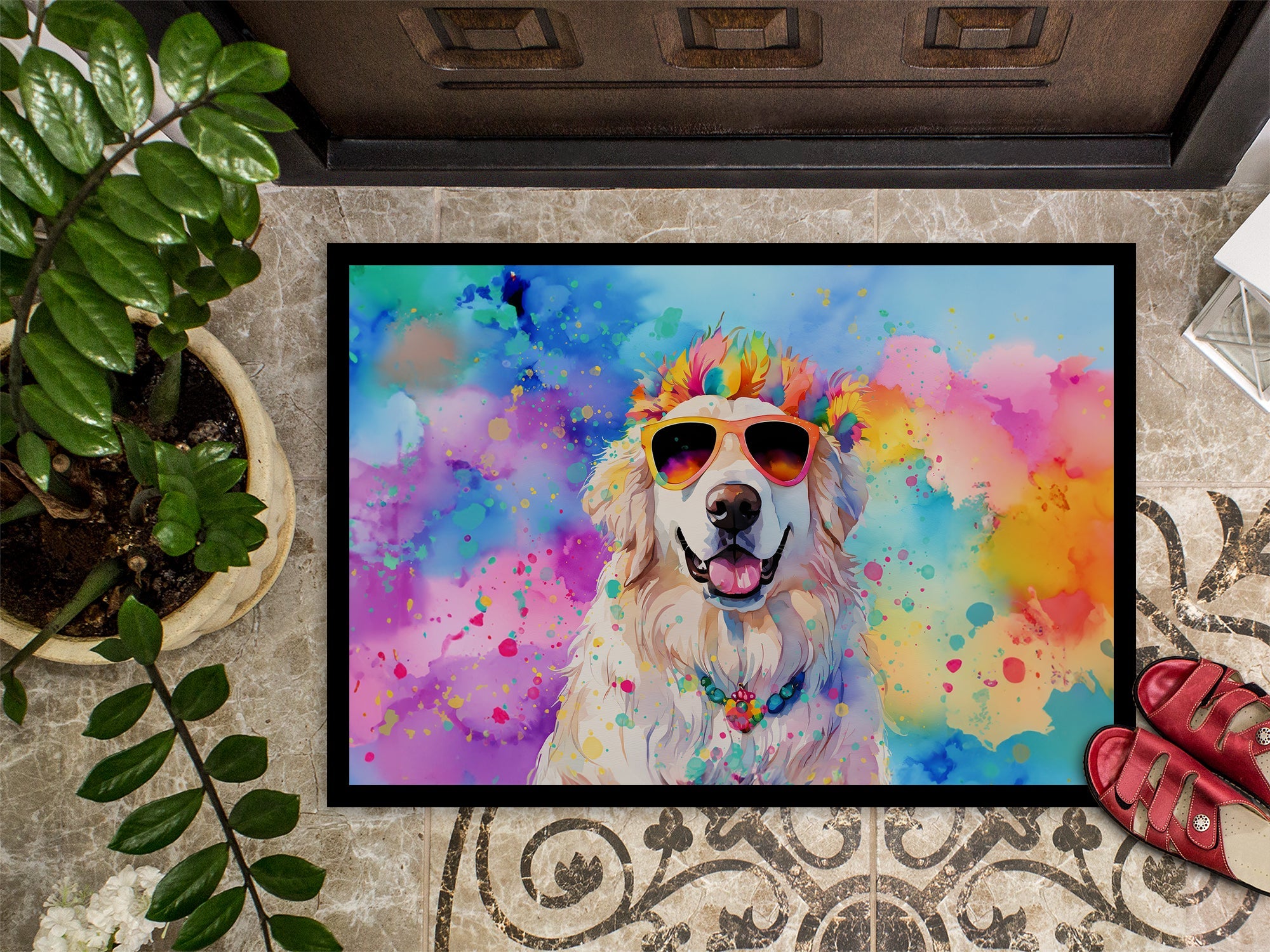 Great Pyrenees Hippie Dawg Doormat Indoor Outdoor 18H X 27W Front Door Mat Rugs for Entryway, Non Slip Washable