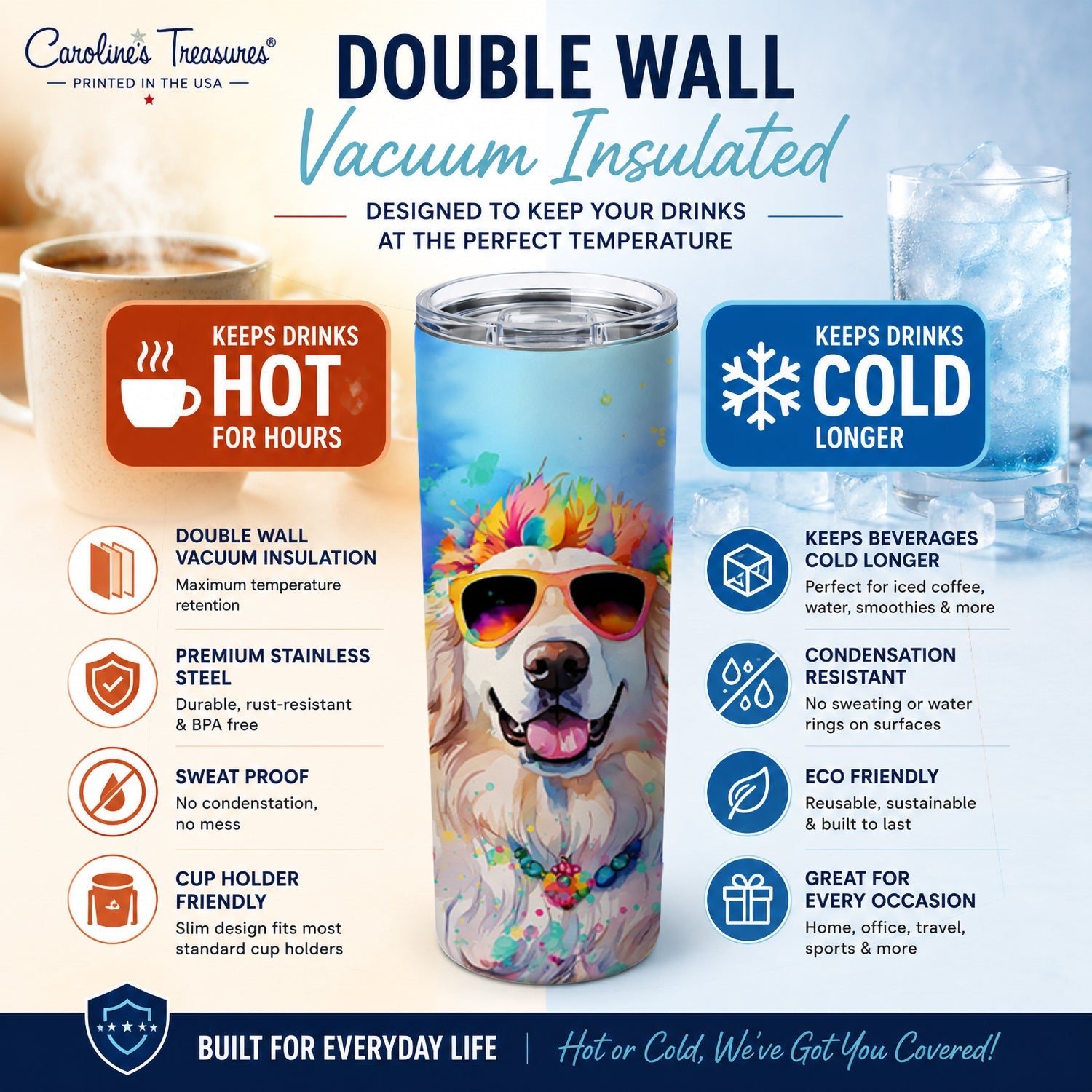 Great Pyrenees Hippie Dawg Stainless Steel Skinny Tumbler 20 oz Vacuum Double Walled Reusable Insulated Travel Cup