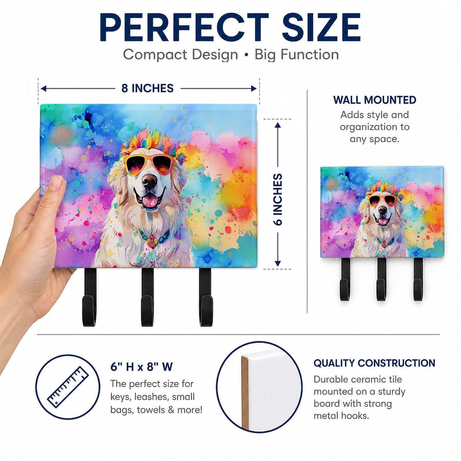 Great Pyrenees Hippie Dawg Leash or Key Holder Wall Hooks, Coat Rack Wall Mount, for Hanging Keys, Towels, Aprons, Leashes
