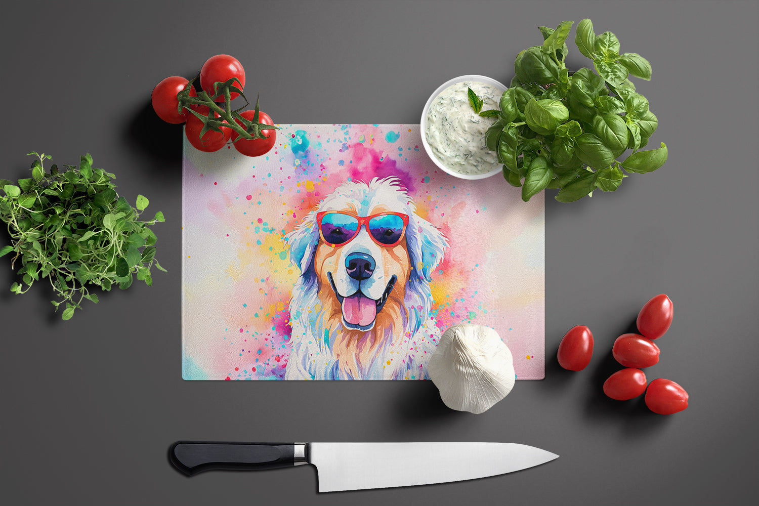 Great Pyrenees Hippie Dawg Cutting Board Tempered Glass Kitchen Cutting Surface, Heat Resistant Chopping, Non-Slip Feet, Food Prep & Serving