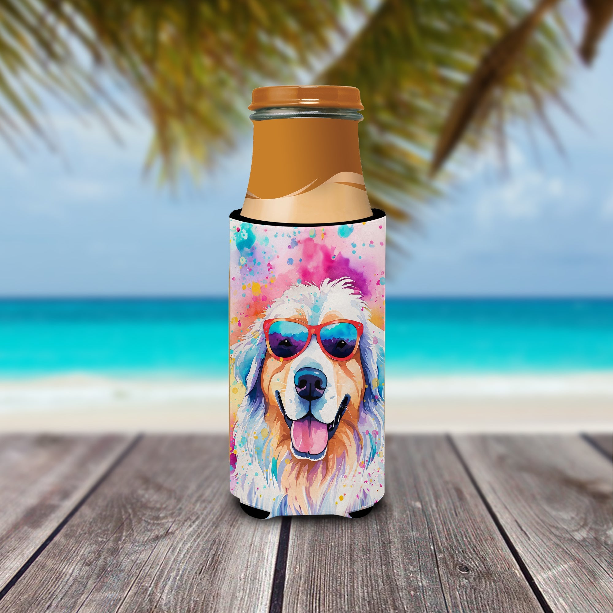 Great Pyrenees Hippie Dawg Slim Can Hugger , Insulated Foam Hugger for 12 oz Slim Cans, Beer Bottles & Water Bottles, Printed in USA