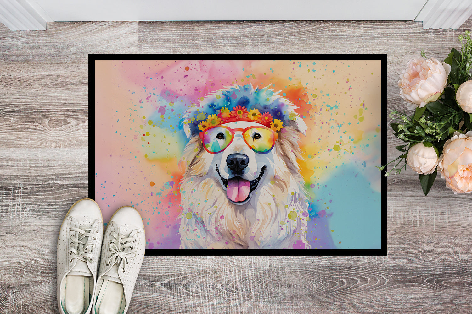 Great Pyrenees Hippie Dawg Doormat Indoor Outdoor 18H X 27W Front Door Mat Rugs for Entryway, Non Slip Washable