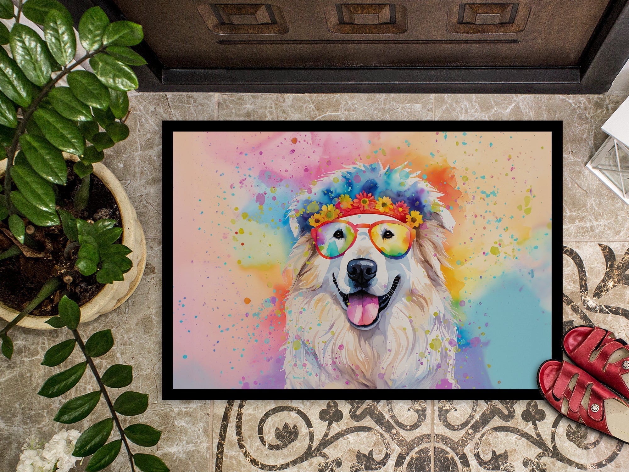 Great Pyrenees Hippie Dawg Doormat Indoor Outdoor 18H X 27W Front Door Mat Rugs for Entryway, Non Slip Washable