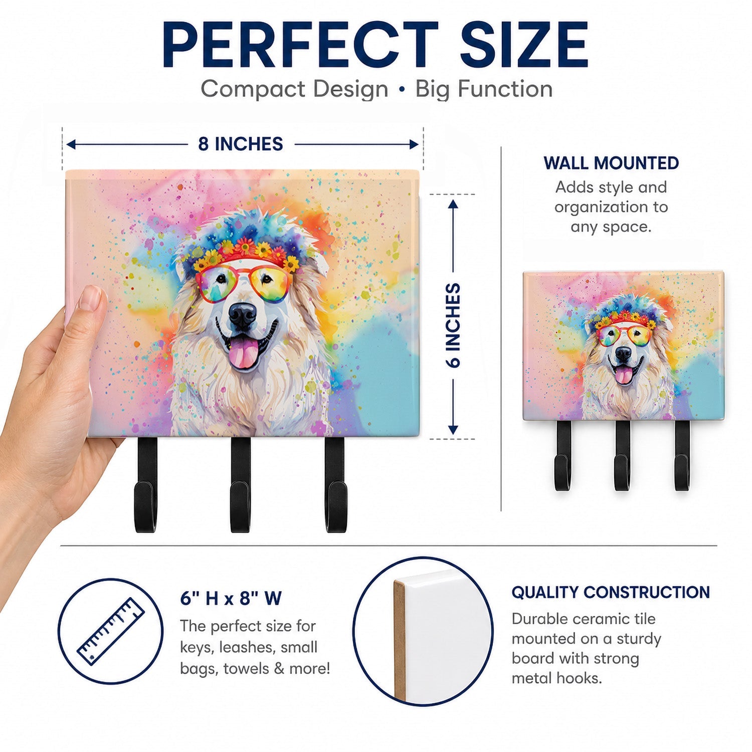 Great Pyrenees Hippie Dawg Leash or Key Holder Wall Hooks, Coat Rack Wall Mount, for Hanging Keys, Towels, Aprons, Leashes
