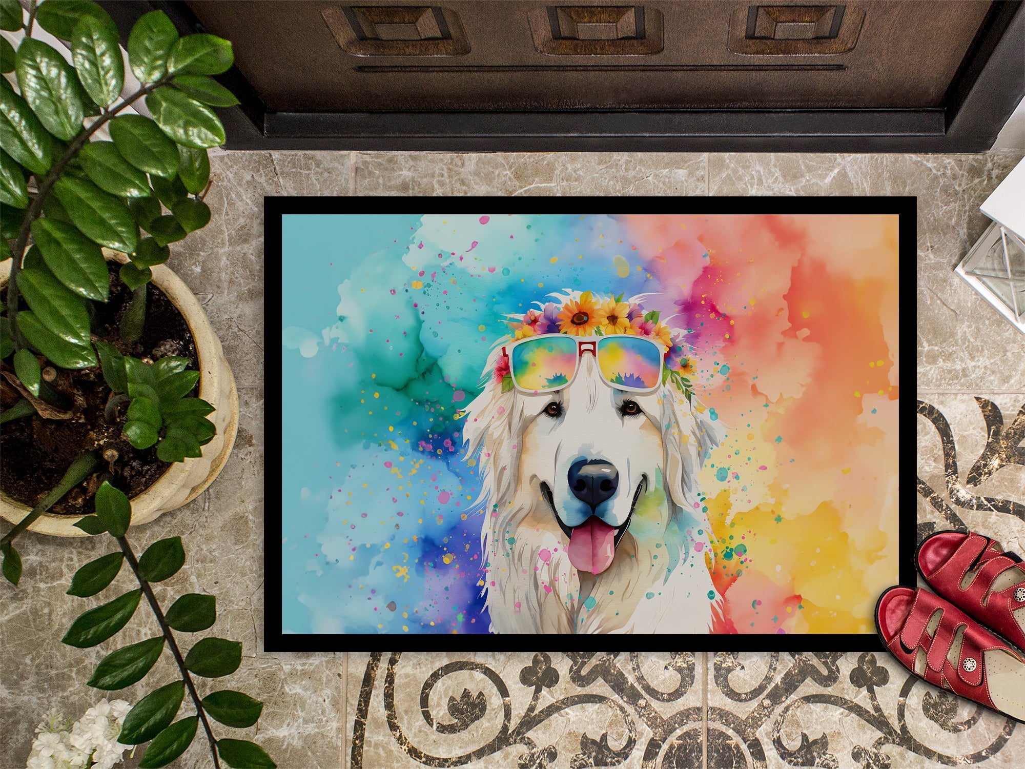 Great Pyrenees Hippie Dawg Doormat Indoor Outdoor 24H X 36W Front Door Mat Rugs for Entryway, Non Slip Washable Low Pile,