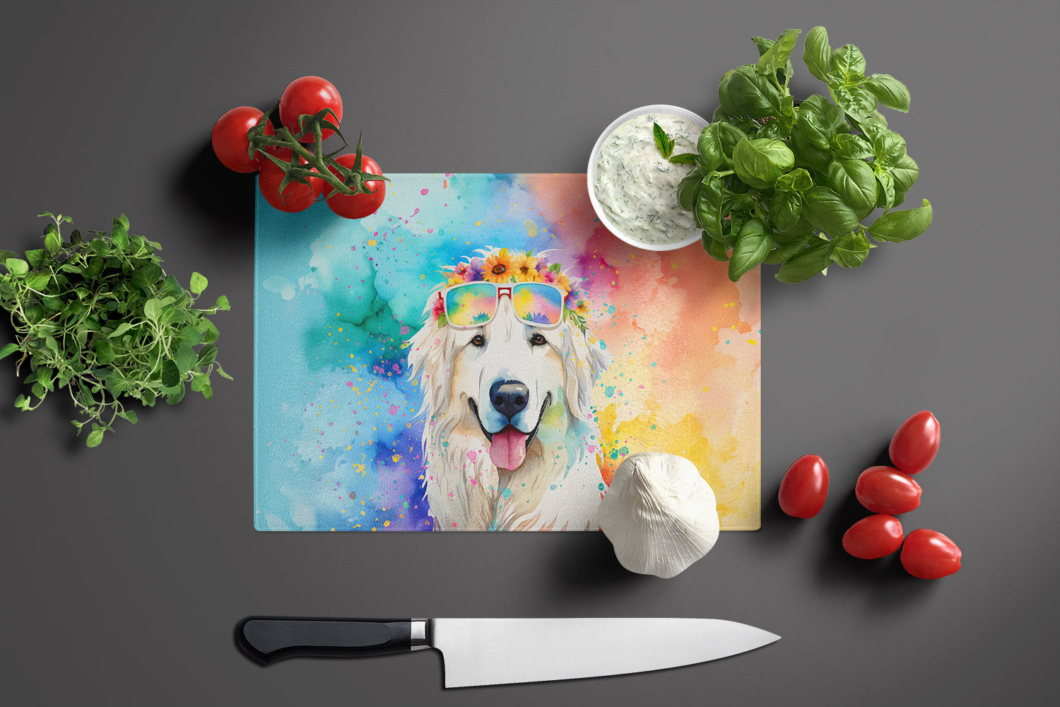 Great Pyrenees Hippie Dawg Cutting Board Tempered Glass Kitchen Cutting Surface, Heat Resistant Chopping, Non-Slip Feet, Food Prep & Serving