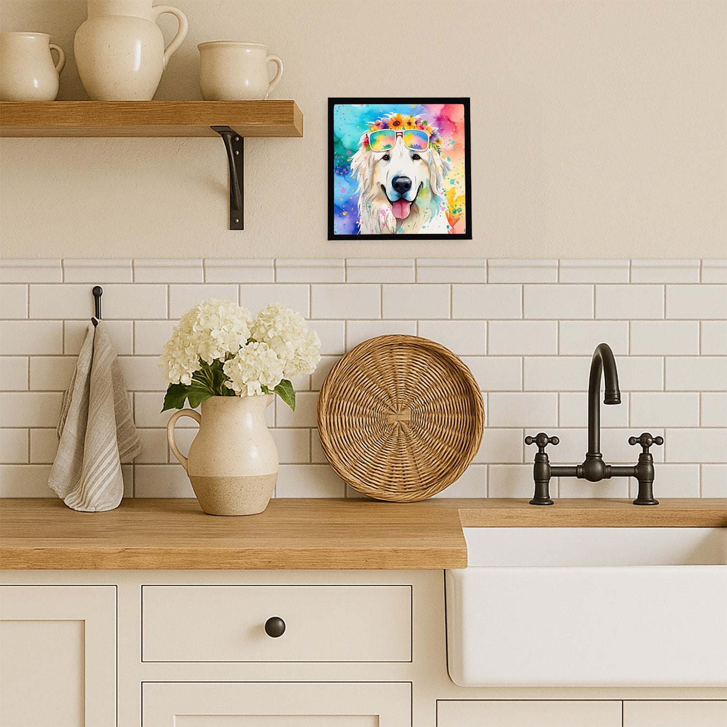 Great Pyrenees Hippie Dawg Framed Metal Print Bathroom, Kitchen, Office, Home Decor Wall Art Ready to Hang, Square, 8X8
