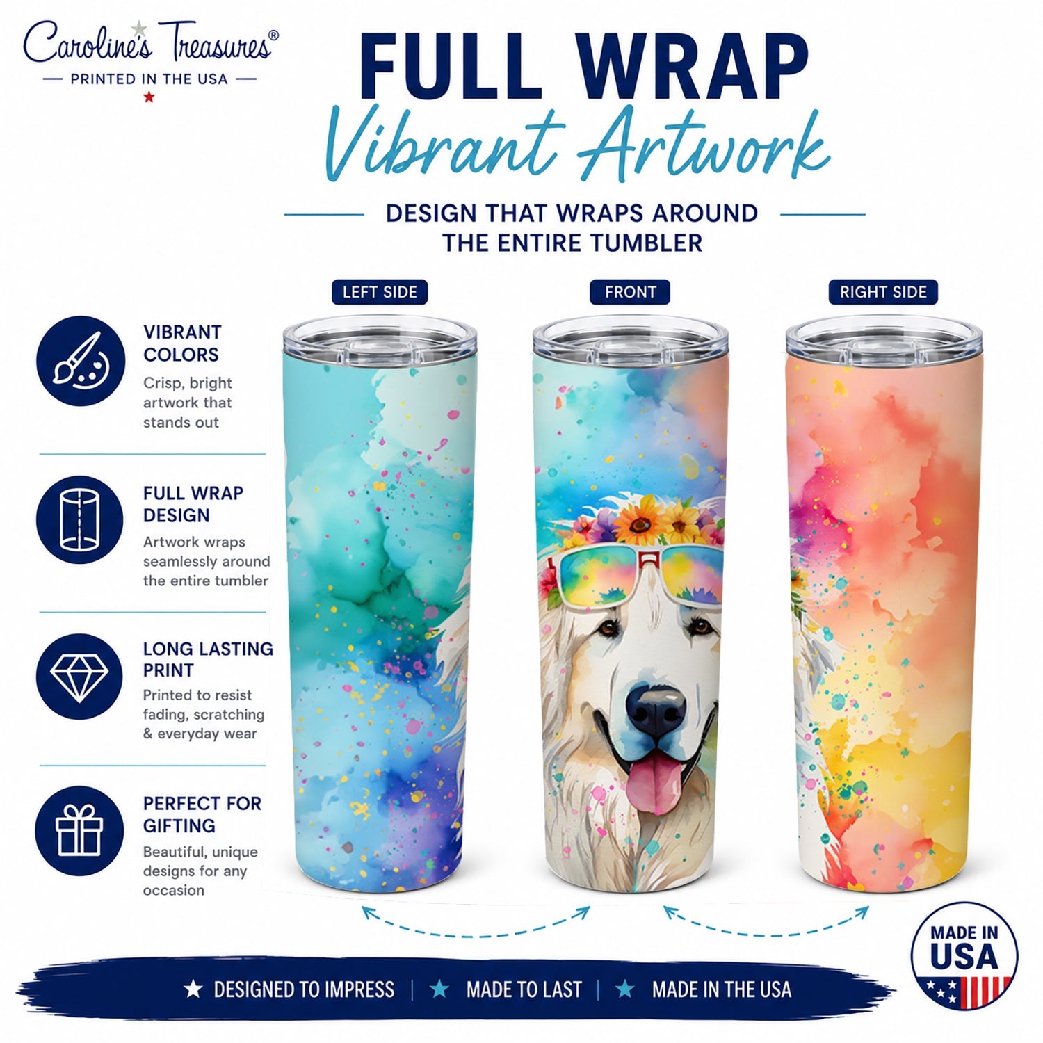 Great Pyrenees Hippie Dawg Stainless Steel Skinny Tumbler 20 oz Vacuum Double Walled Reusable Insulated Travel Cup