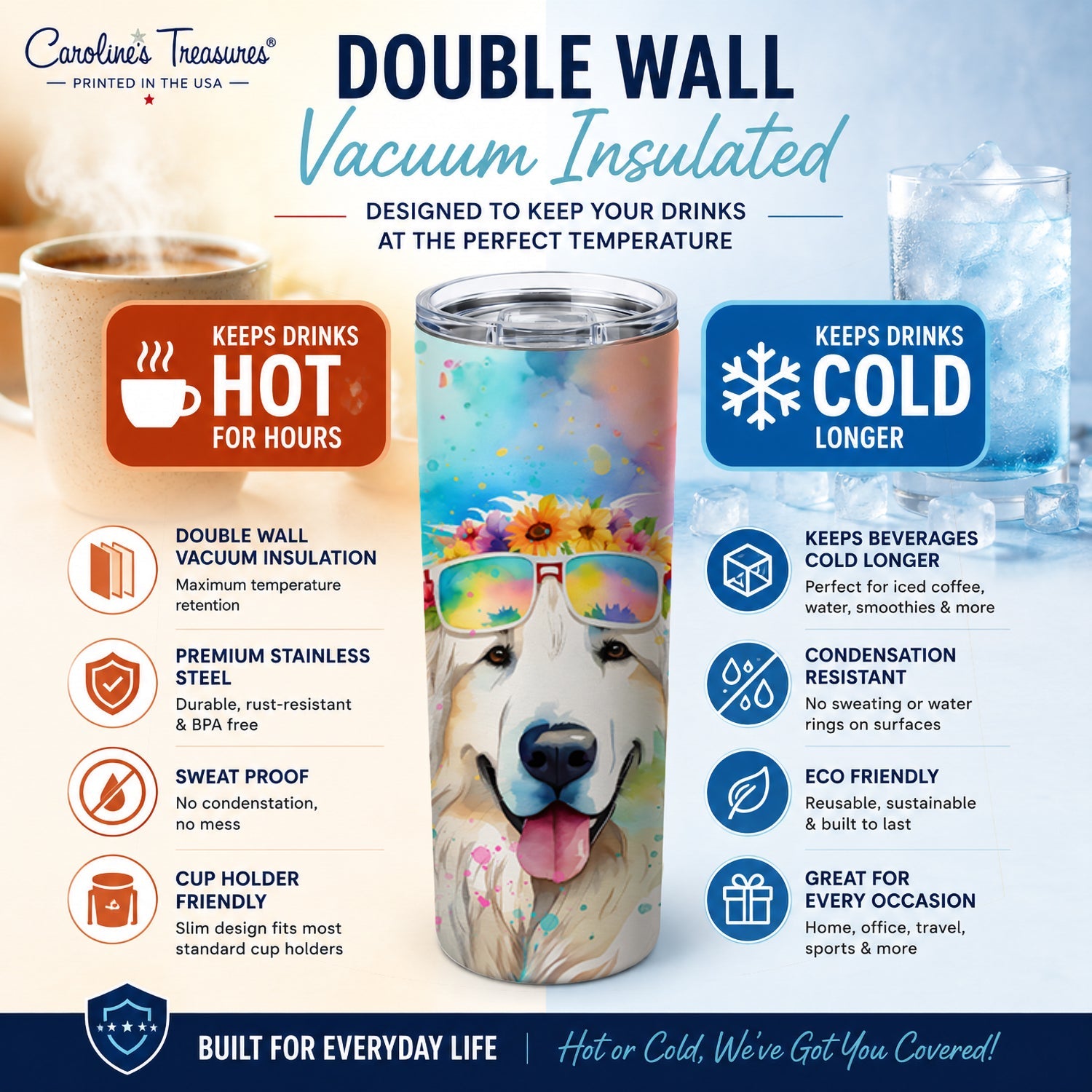 Great Pyrenees Hippie Dawg Stainless Steel Skinny Tumbler 20 oz Vacuum Double Walled Reusable Insulated Travel Cup