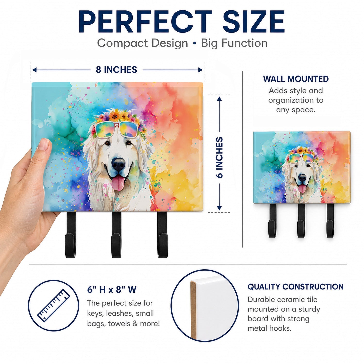 Great Pyrenees Hippie Dawg Leash or Key Holder Wall Hooks, Coat Rack Wall Mount, for Hanging Keys, Towels, Aprons, Leashes
