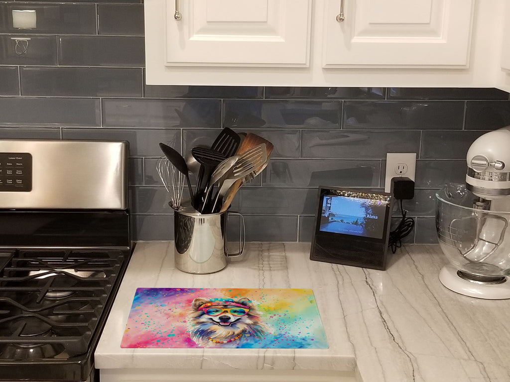 Keeshond Hippie Dawg Cutting Board Tempered Glass Kitchen Cutting Surface, Heat Resistant Chopping, Non-Slip Feet, Food Prep & Serving