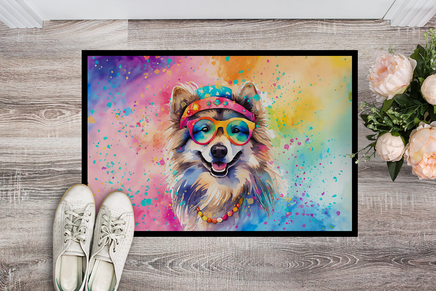 Keeshond Hippie Dawg Doormat Indoor Outdoor 18H X 27W Front Door Mat Rugs for Entryway, Non Slip Washable