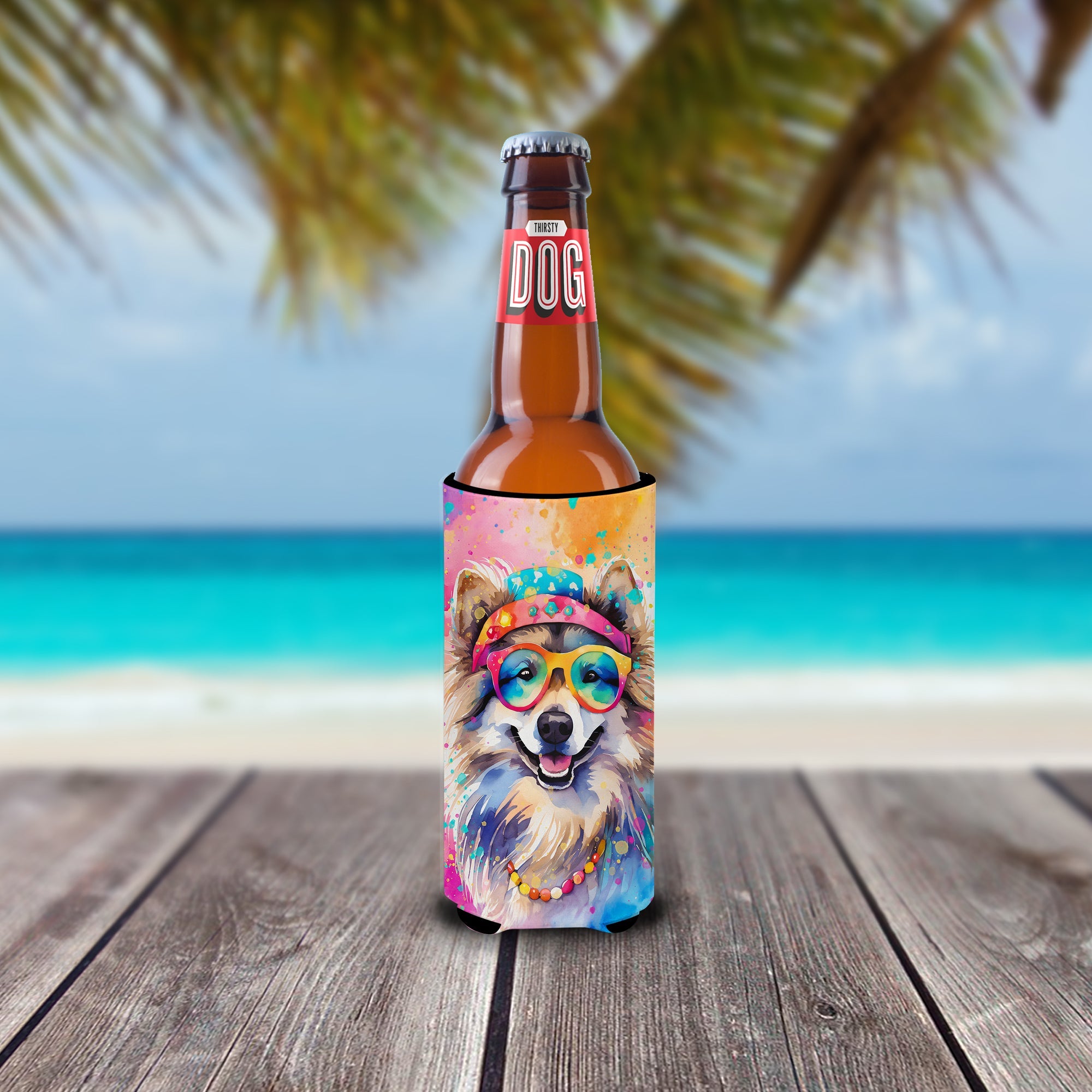 Keeshond Hippie Dawg Slim Can Hugger , Insulated Foam Hugger for 12 oz Slim Cans, Beer Bottles & Water Bottles, Printed in USA