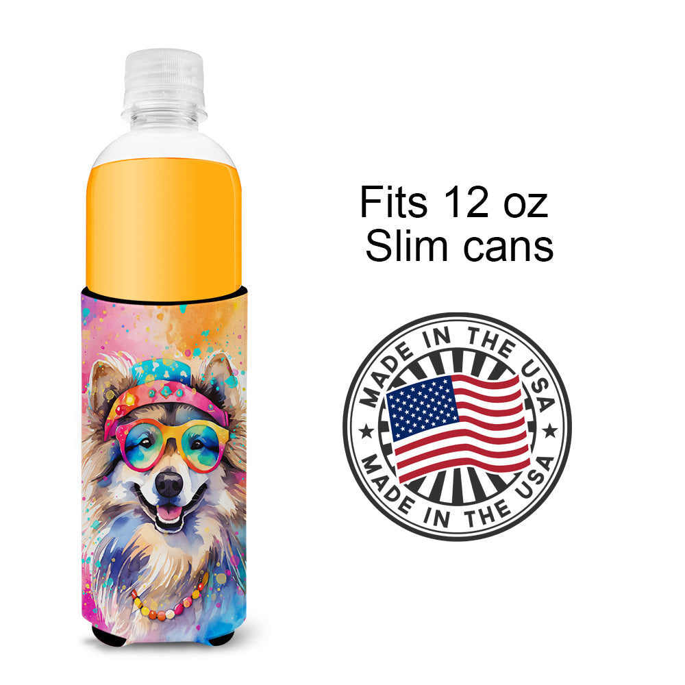 Keeshond Hippie Dawg Slim Can Hugger , Insulated Foam Hugger for 12 oz Slim Cans, Beer Bottles & Water Bottles, Printed in USA