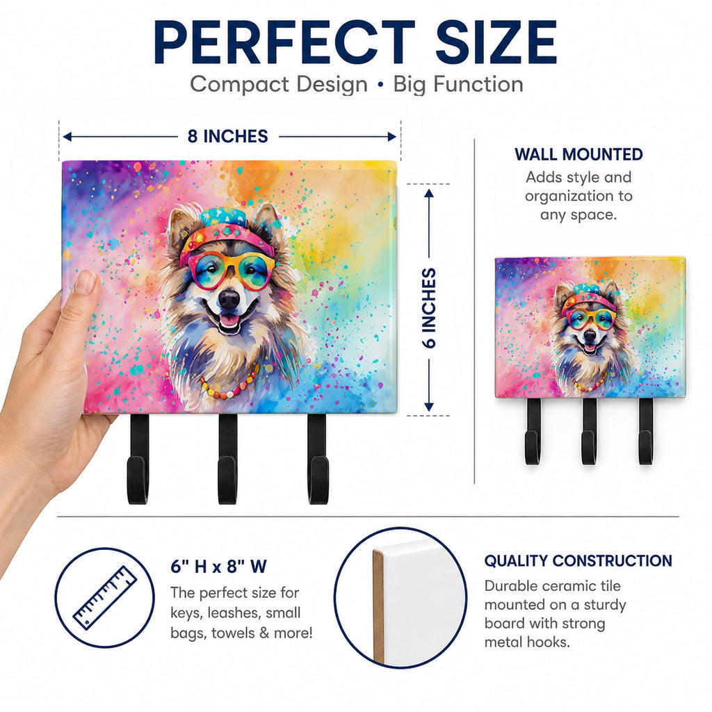 Keeshond Hippie Dawg Leash or Key Holder Wall Hooks, Coat Rack Wall Mount, for Hanging Keys, Towels, Aprons, Leashes