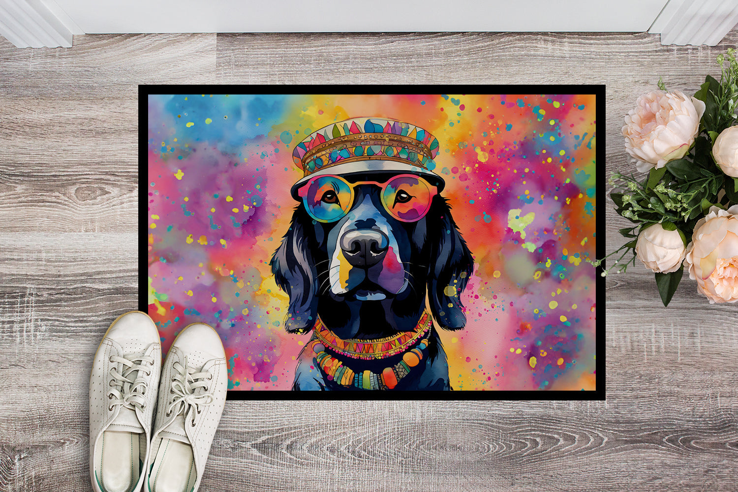 Black Labrador Hippie Dawg Doormat Indoor Outdoor 18H X 27W Front Door Mat Rugs for Entryway, Non Slip Washable