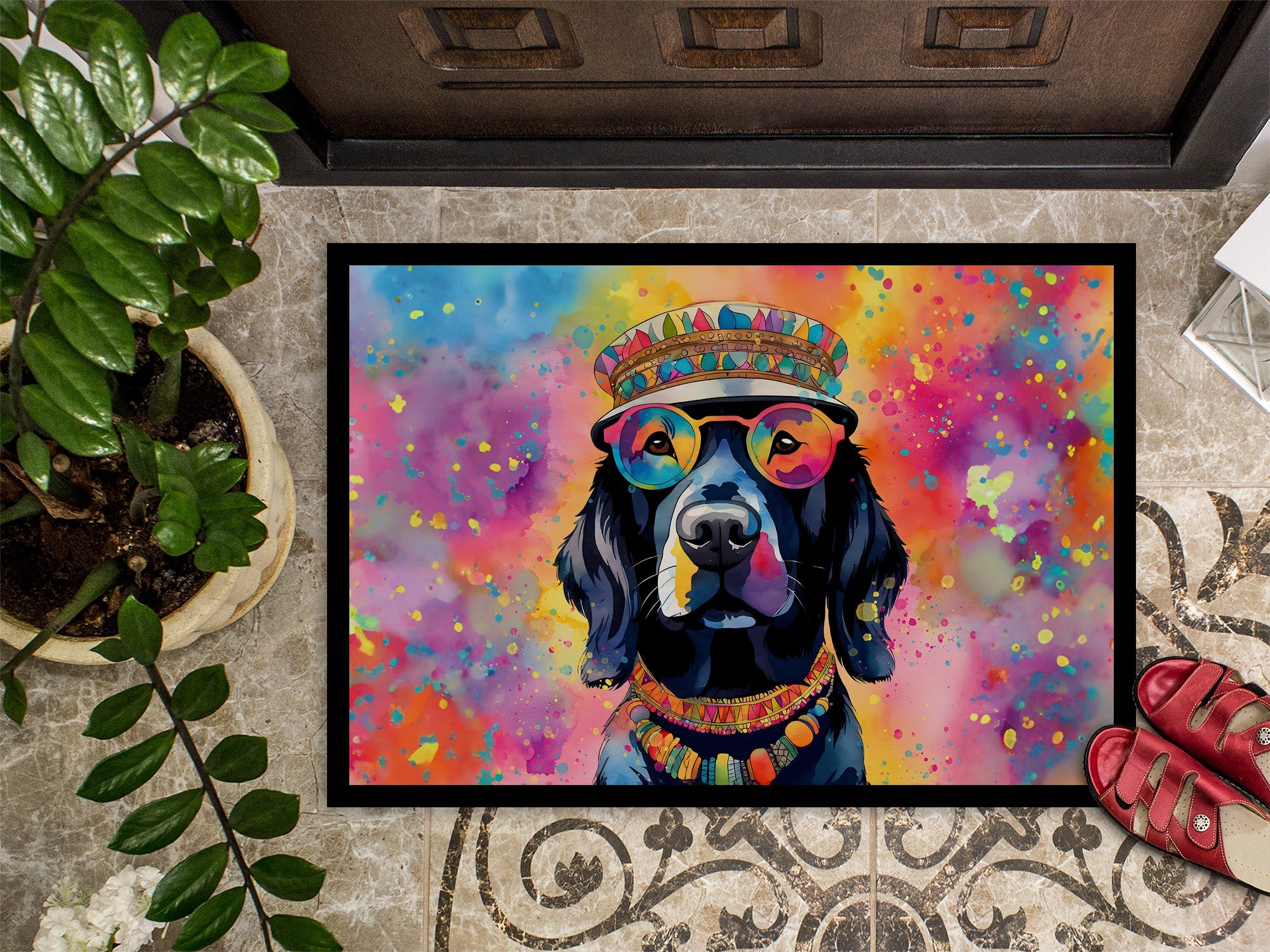 Black Labrador Hippie Dawg Doormat Indoor Outdoor 18H X 27W Front Door Mat Rugs for Entryway, Non Slip Washable