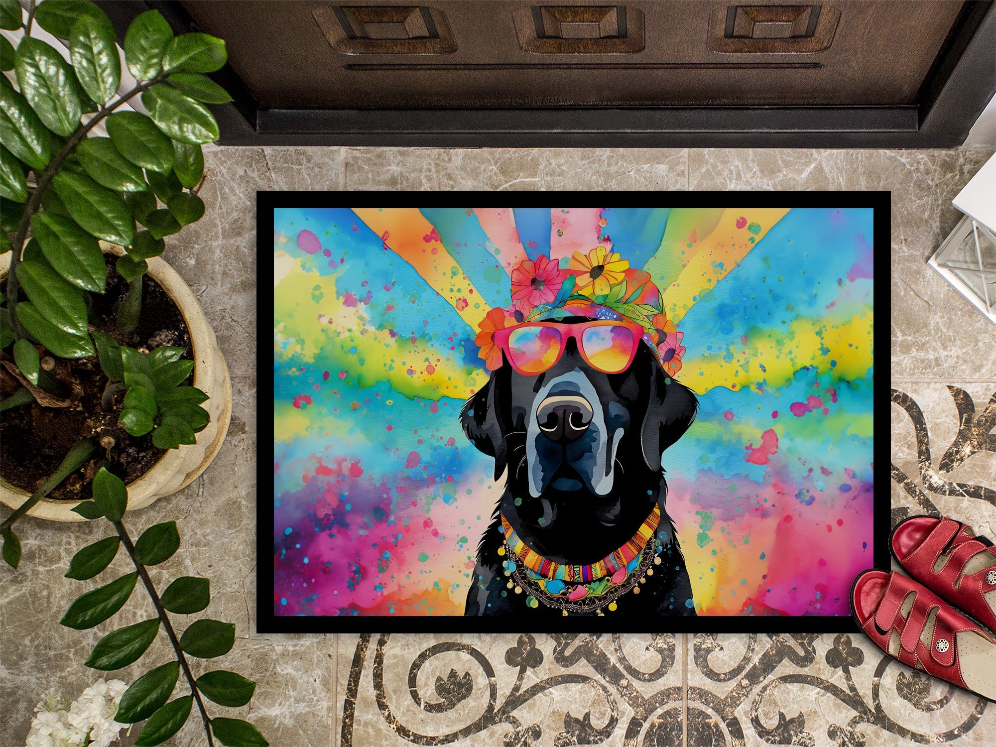 Black Labrador Hippie Dawg Doormat Indoor Outdoor 18H X 27W Front Door Mat Rugs for Entryway, Non Slip Washable