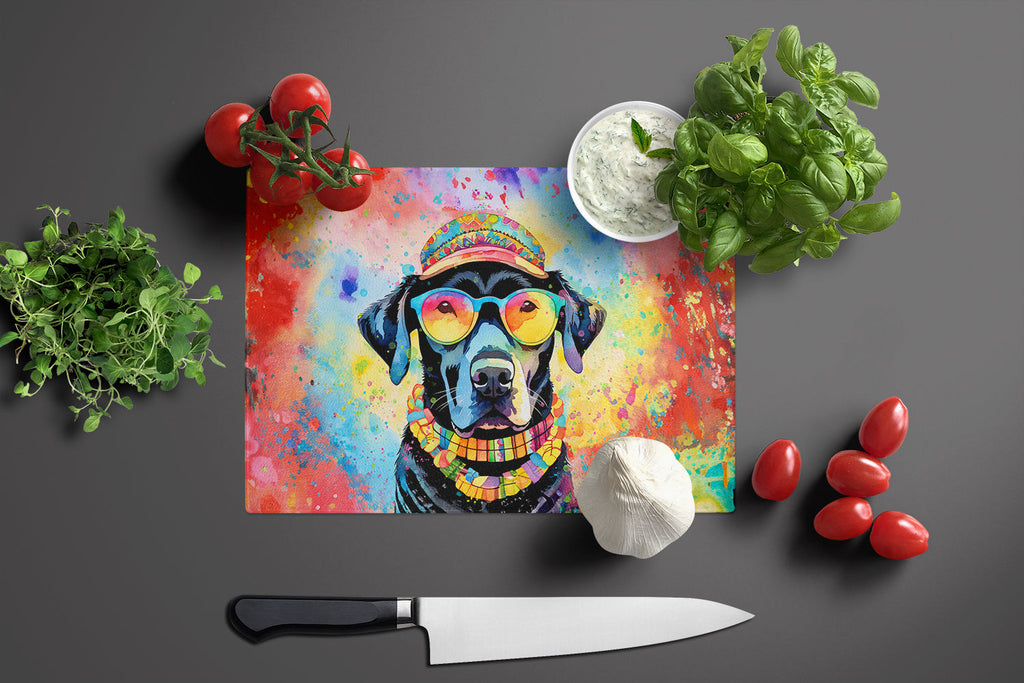 Black Labrador Hippie Dawg Cutting Board Tempered Glass Kitchen Cutting Surface, Heat Resistant Chopping, Non-Slip Feet, Food Prep & Serving