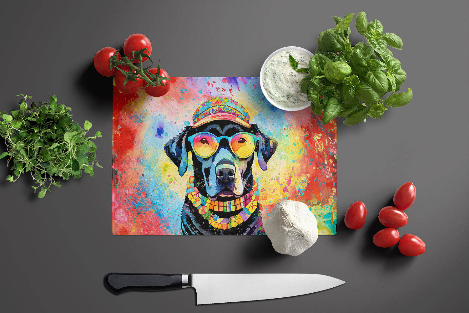 Black Labrador Hippie Dawg Cutting Board Tempered Glass Kitchen Cutting Surface, Heat Resistant Chopping, Non-Slip Feet, Food Prep & Serving
