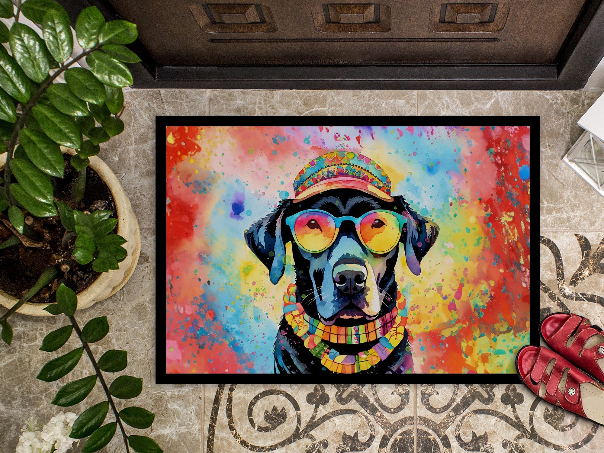 Black Labrador Hippie Dawg Doormat Indoor Outdoor 18H X 27W Front Door Mat Rugs for Entryway, Non Slip Washable