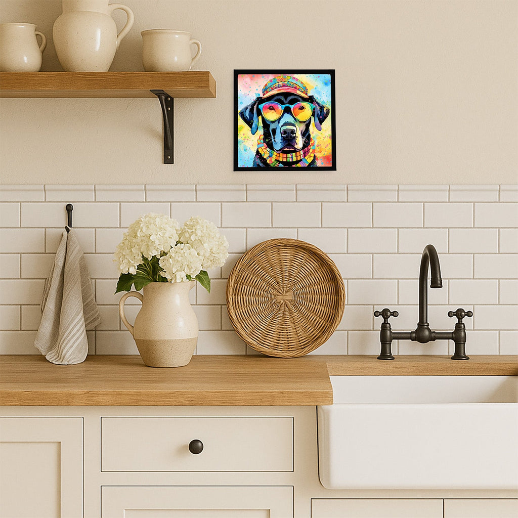 Black Labrador Hippie Dawg Framed Metal Print Bathroom, Kitchen, Office, Home Decor Wall Art Ready to Hang, Square, 8X8