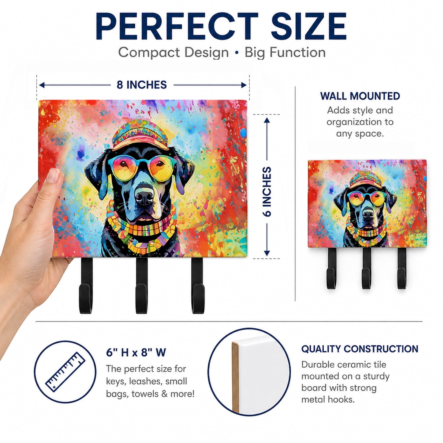 Black Labrador Hippie Dawg Leash or Key Holder Wall Hooks, Coat Rack Wall Mount, for Hanging Keys, Towels, Aprons, Leashes