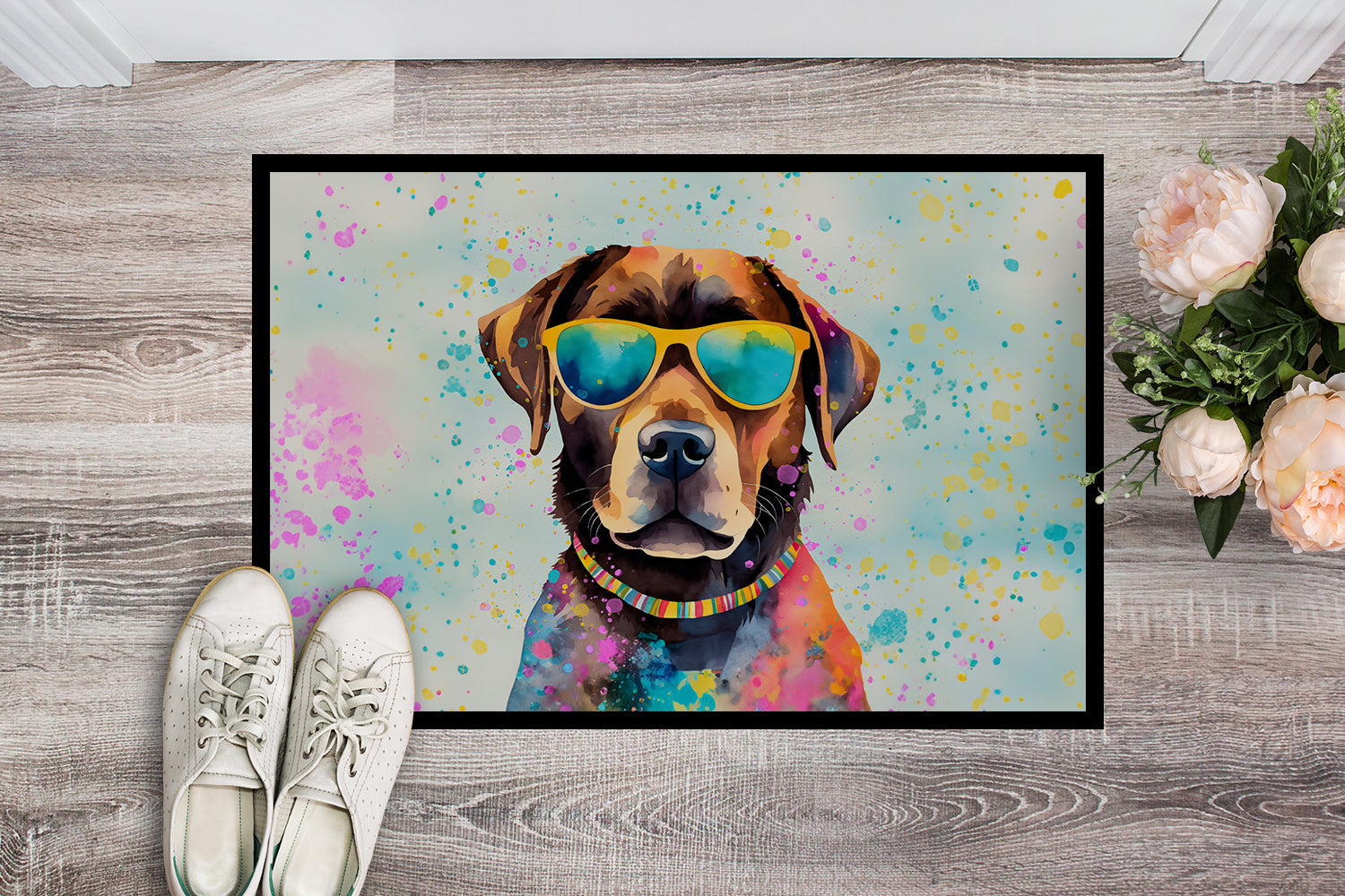 Chocolate Labrador Hippie Dawg Doormat Indoor Outdoor 24H X 36W Front Door Mat Rugs for Entryway, Non Slip Washable Low Pile,