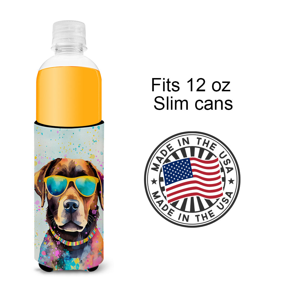 Chocolate Labrador Hippie Dawg Slim Can Hugger , Insulated Foam Hugger for 12 oz Slim Cans, Beer Bottles & Water Bottles, Printed in USA