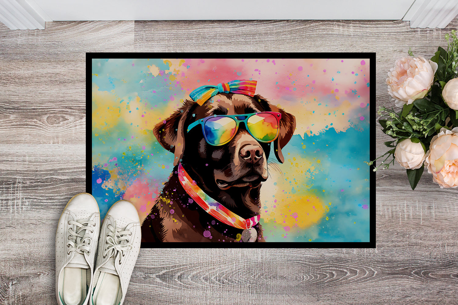 Chocolate Labrador Hippie Dawg Doormat Indoor Outdoor 24H X 36W Front Door Mat Rugs for Entryway, Non Slip Washable Low Pile,