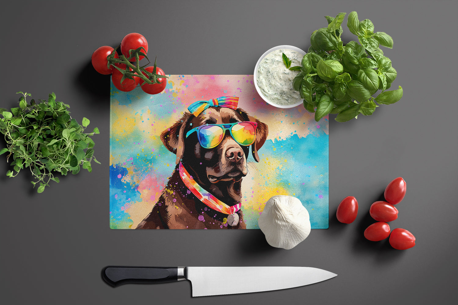 Chocolate Labrador Hippie Dawg Cutting Board Tempered Glass Kitchen Cutting Surface, Heat Resistant Chopping, Non-Slip Feet, Food Prep & Serving