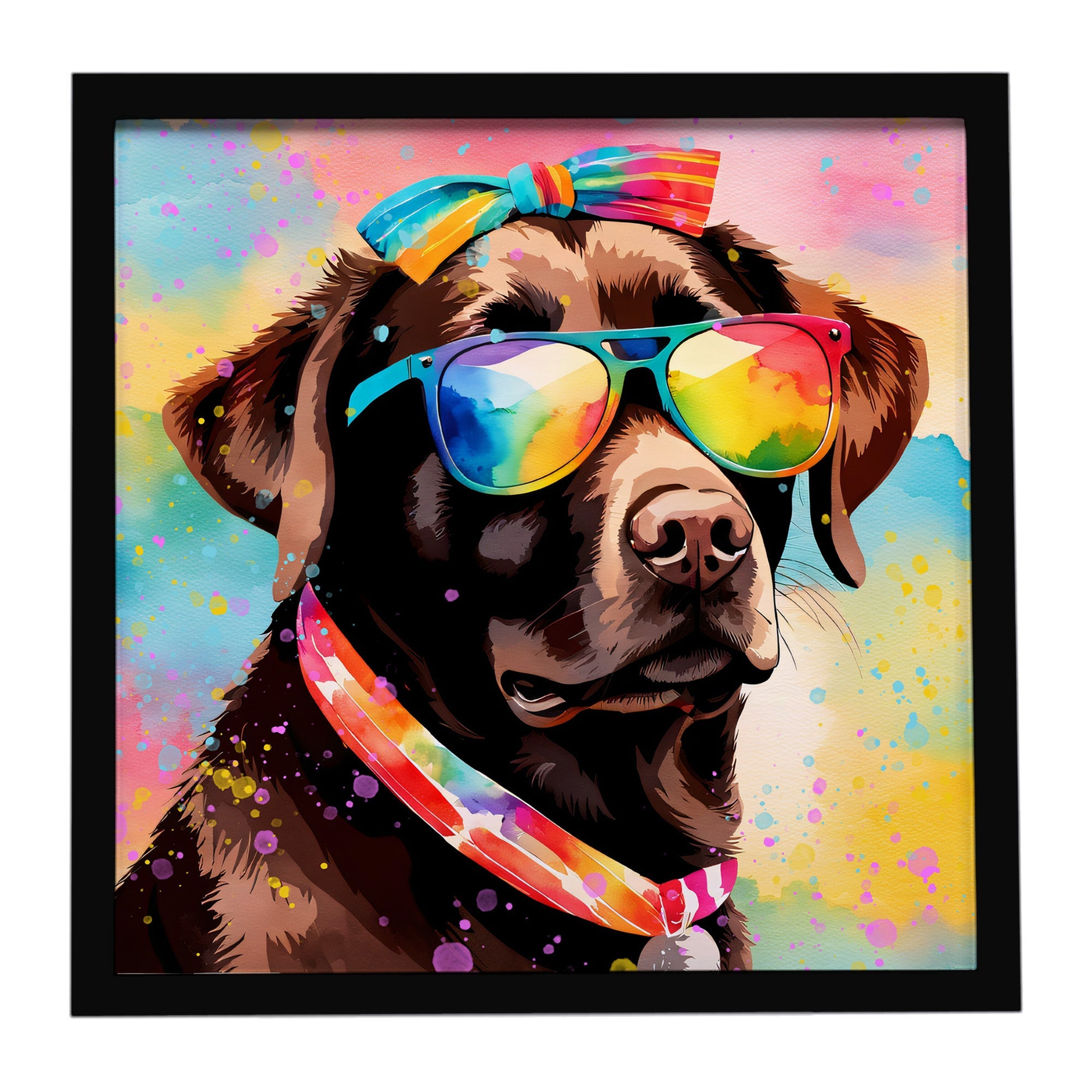 Chocolate Labrador Hippie Dawg Framed Metal Print Bathroom, Kitchen, Office, Home Decor Wall Art Ready to Hang, Square, 8X8