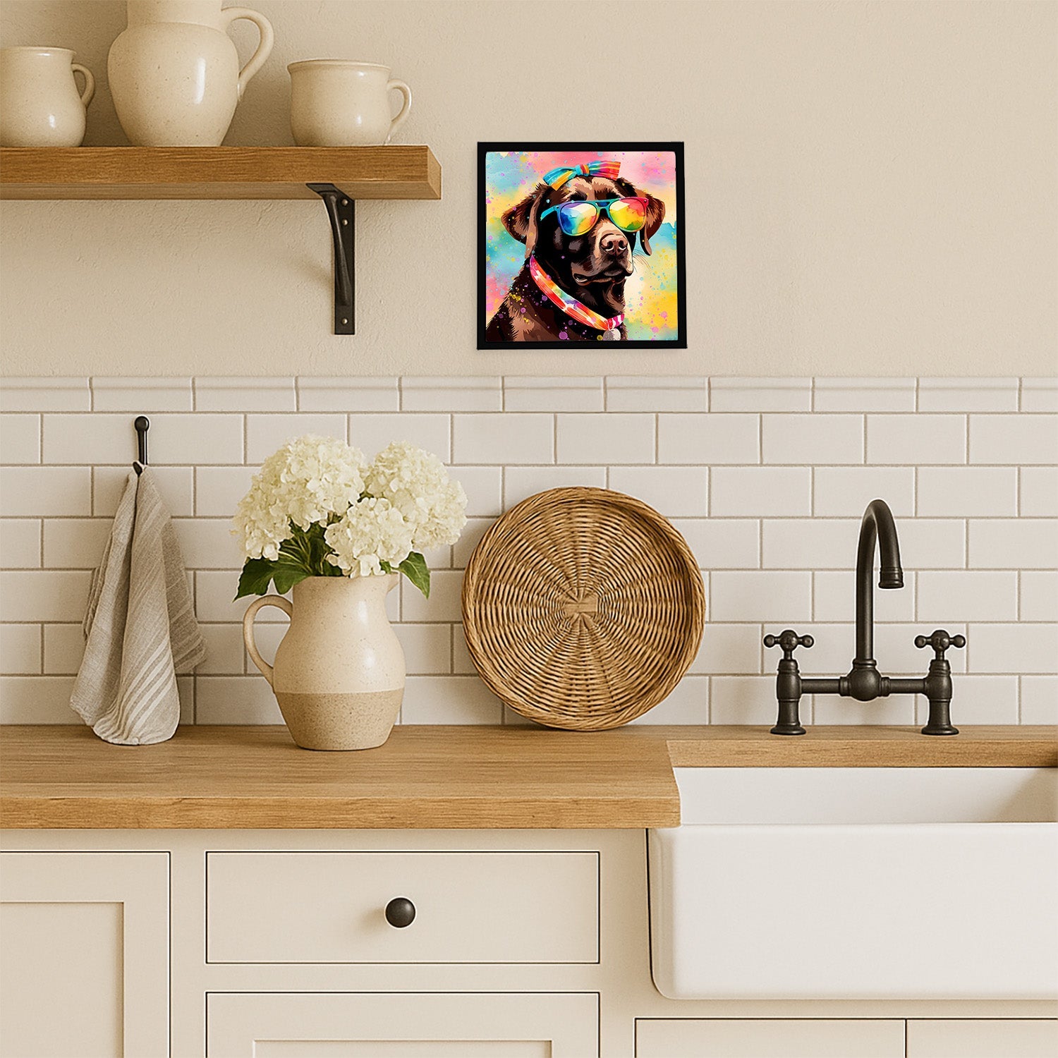 Chocolate Labrador Hippie Dawg Framed Metal Print Bathroom, Kitchen, Office, Home Decor Wall Art Ready to Hang, Square, 8X8