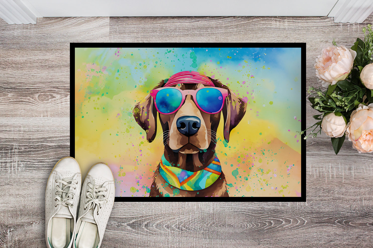 Chocolate Labrador Hippie Dawg Doormat Indoor Outdoor 18H X 27W Front Door Mat Rugs for Entryway, Non Slip Washable