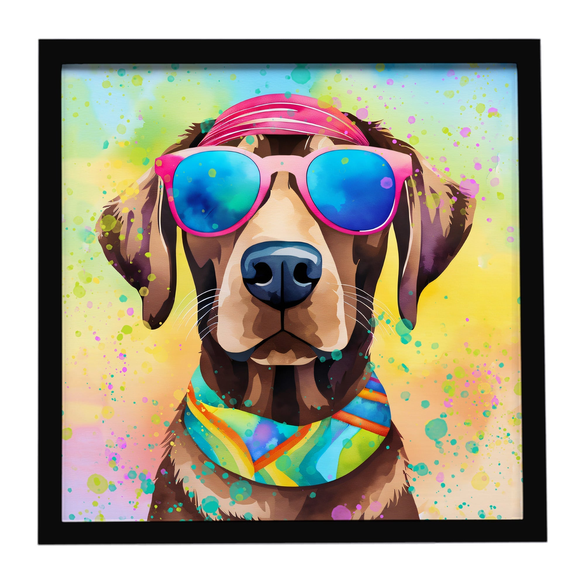 Chocolate Labrador Hippie Dawg Framed Metal Print Bathroom, Kitchen, Office, Home Decor Wall Art Ready to Hang, Square, 8X8