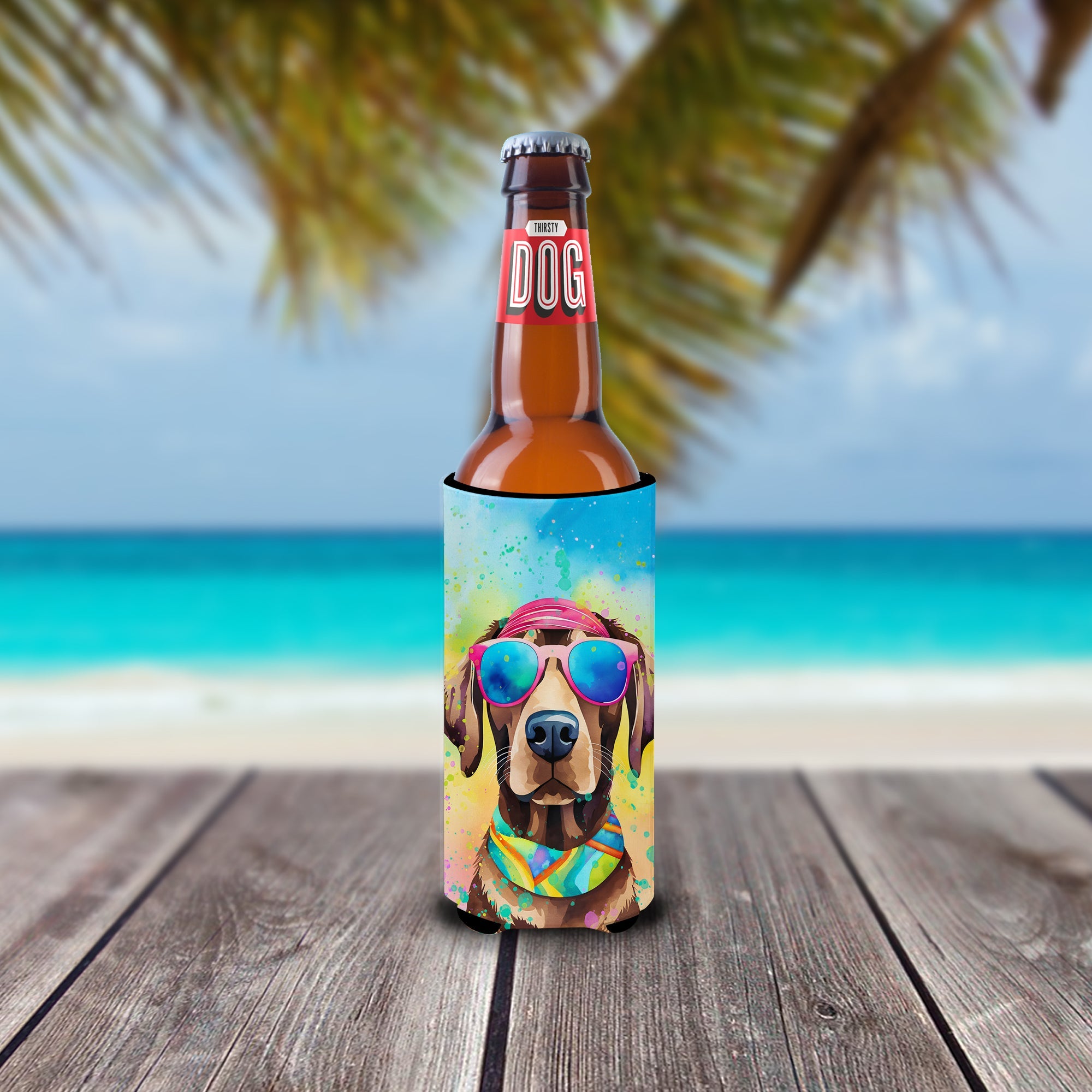Chocolate Labrador Hippie Dawg Slim Can Hugger , Insulated Foam Hugger for 12 oz Slim Cans, Beer Bottles & Water Bottles, Printed in USA