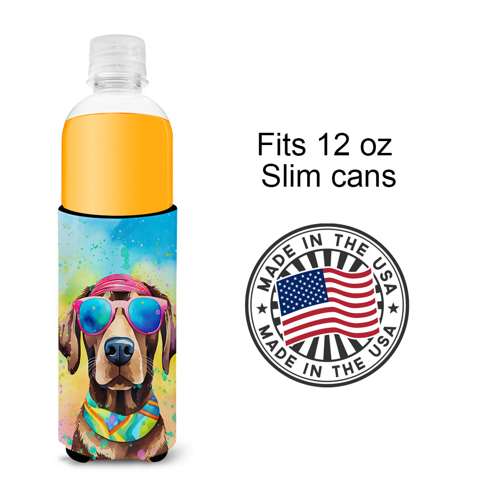Chocolate Labrador Hippie Dawg Slim Can Hugger , Insulated Foam Hugger for 12 oz Slim Cans, Beer Bottles & Water Bottles, Printed in USA