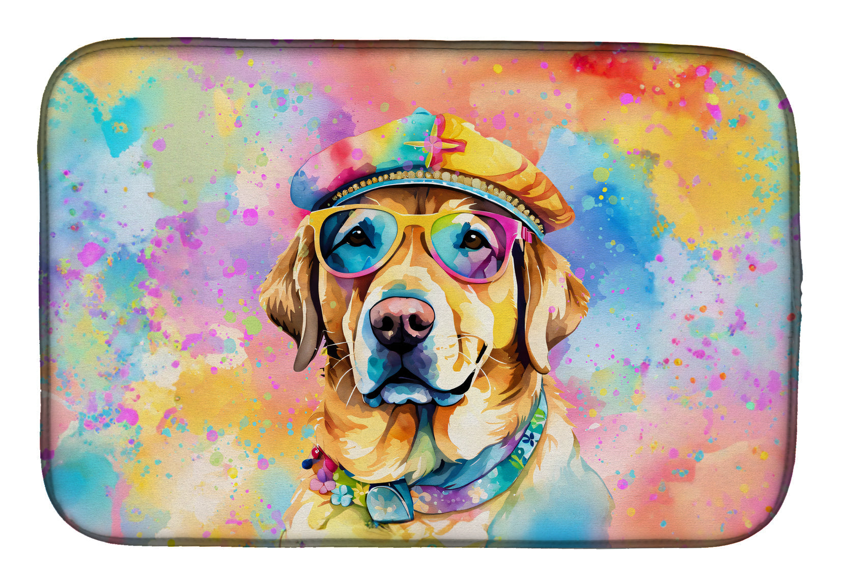 Yellow Labrador Hippie Dawg Dish Drying Mat Absorbent Dish Drying Mat Pad for Kitchen Counter Dish Drainer Mat for Countertop, 14 x 21", Multicolor
