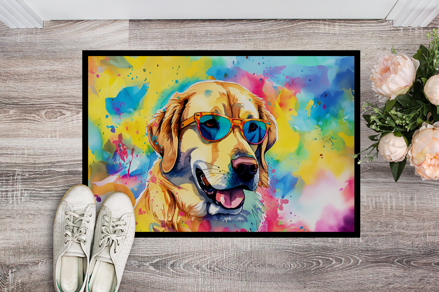 Yellow Labrador Hippie Dawg Doormat Indoor Outdoor 18H X 27W Front Door Mat Rugs for Entryway, Non Slip Washable