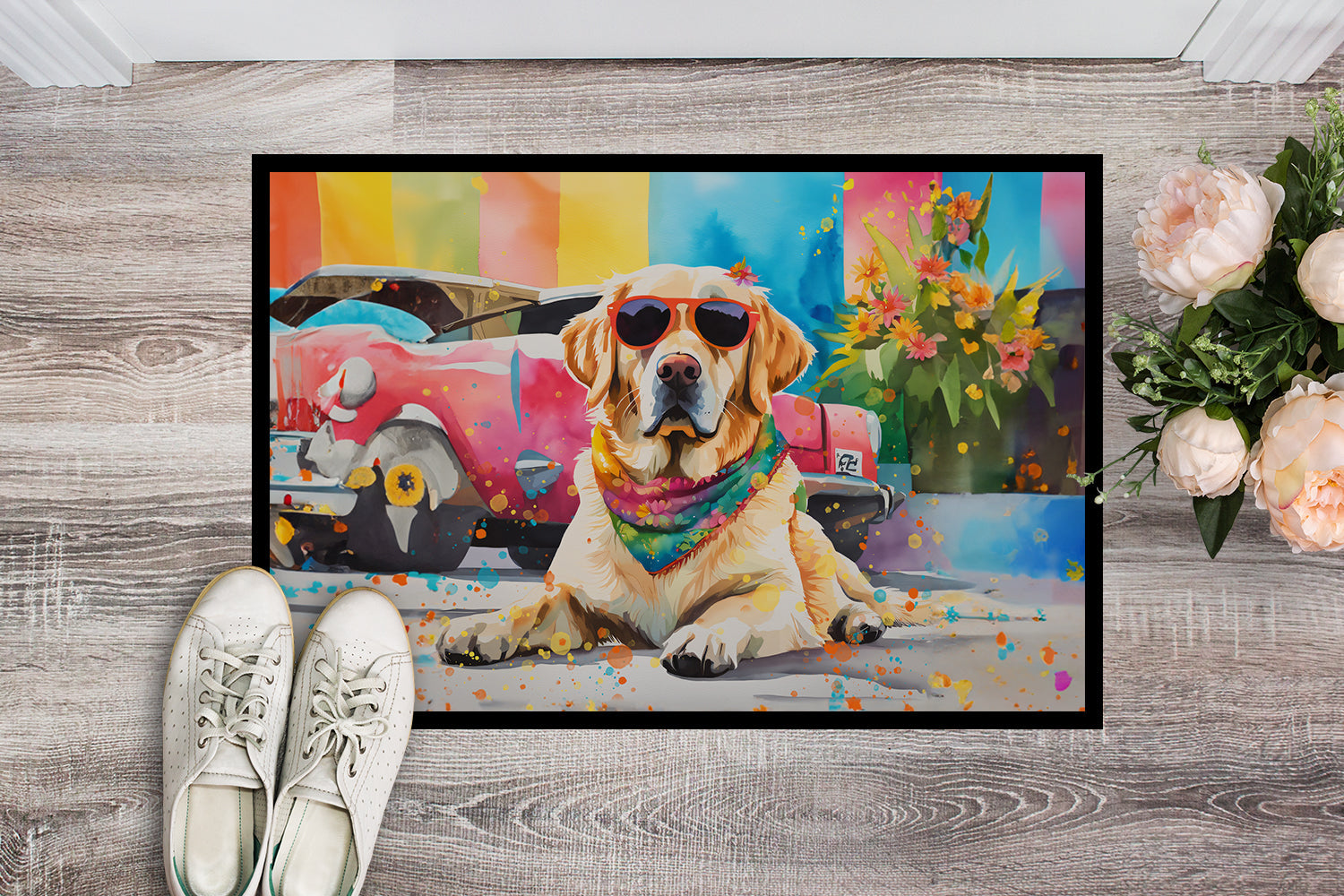Yellow Labrador Hippie Dawg Doormat Indoor Outdoor 24H X 36W Front Door Mat Rugs for Entryway, Non Slip Washable Low Pile,
