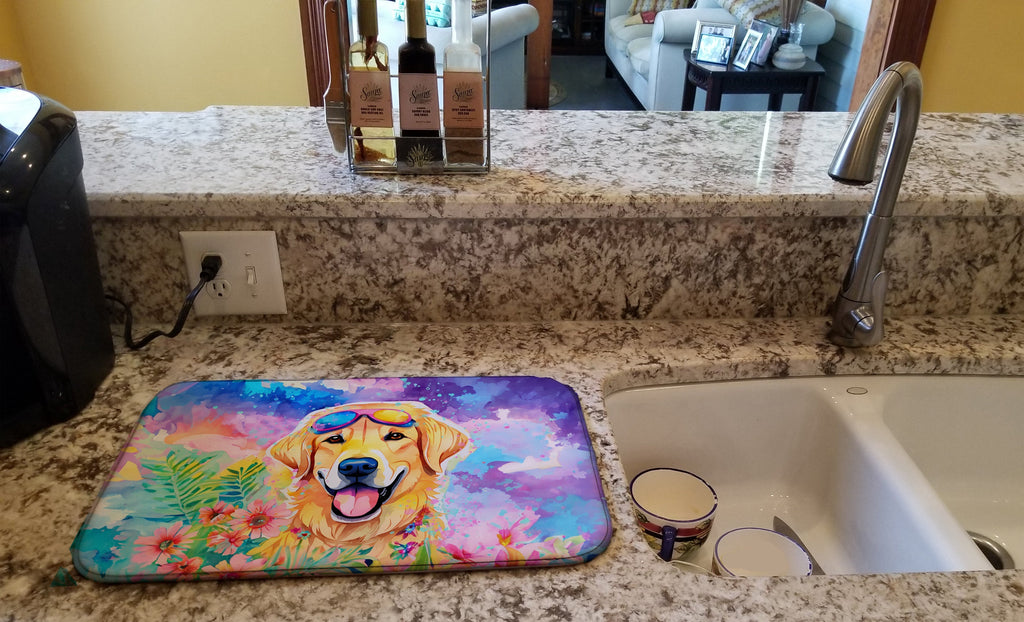Yellow Labrador Hippie Dawg Dish Drying Mat Absorbent Dish Drying Mat Pad for Kitchen Counter Dish Drainer Mat for Countertop, 14 x 21", Multicolor