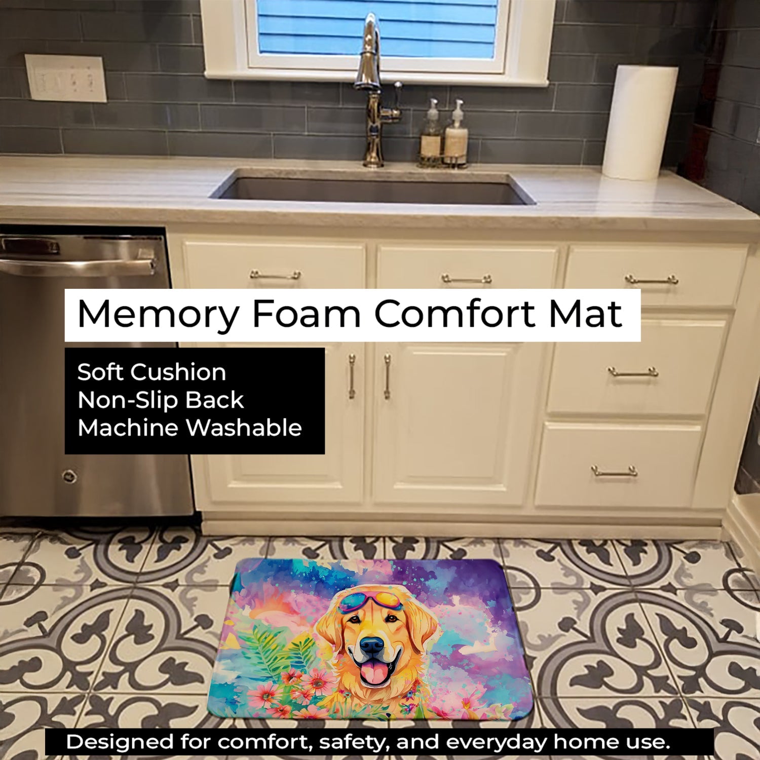 Yellow Labrador Hippie Dawg Memory Foam Kitchen Mat Machine Washable Anti-Fatigue Cushion Comfort Bath or Kitchen Rug