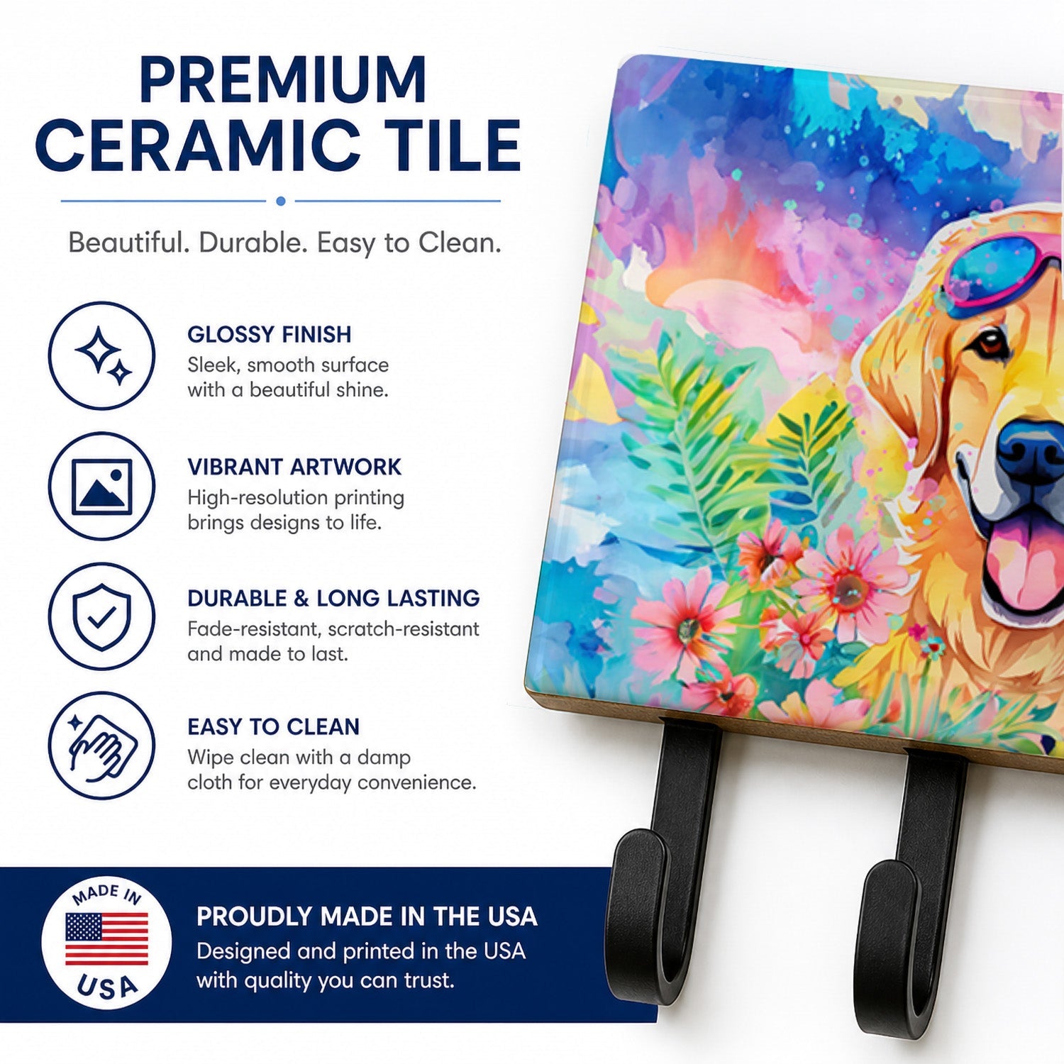Yellow Labrador Hippie Dawg Leash or Key Holder Wall Hooks, Coat Rack Wall Mount, for Hanging Keys, Towels, Aprons, Leashes